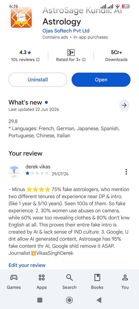 vikassinghderek's tweet photo. @Google @GooglePlay @AstroSageSays 

1. Hello Google, I have done my research, analysis, and conclusion about company AstroSage AI and also shared my reviews on Playstore. 

2. You should take this case seriously and save crores of Indians from falling prey to this scam, before it's too late.

3. Sharing the images below for your reference with proofs, bcoz it looks like a big fraud against religious Hindus with the help of your rival/enemy AI.