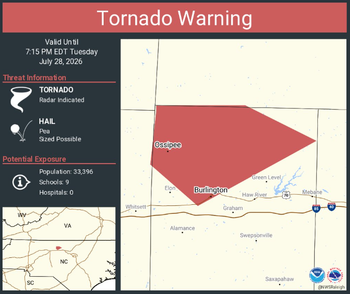Daviddakuma's tweet photo. Tornado Warning continues for Burlington NC, Glen Raven NC and  Ossipee NC until 7:15 PM EDT https://t.co/cdsz4pp2VE