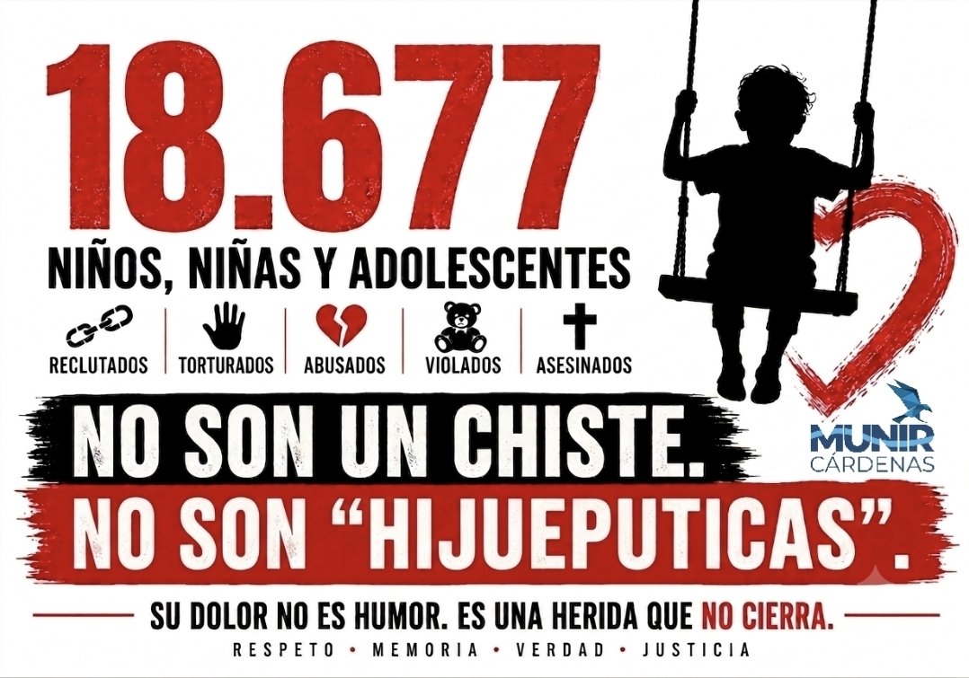 MunirCardenas's tweet photo. 18.677 niños, niñas y adolescentes:

- Reclutados
- Torturados
- Abusados
- Violados
- Asesinados

NO SON UN CHISTE.
NO SON "HIJUEPUTICAS".

Su dolor no es humor, es una herida que no cierra. https://t.co/od4b3xXBCc