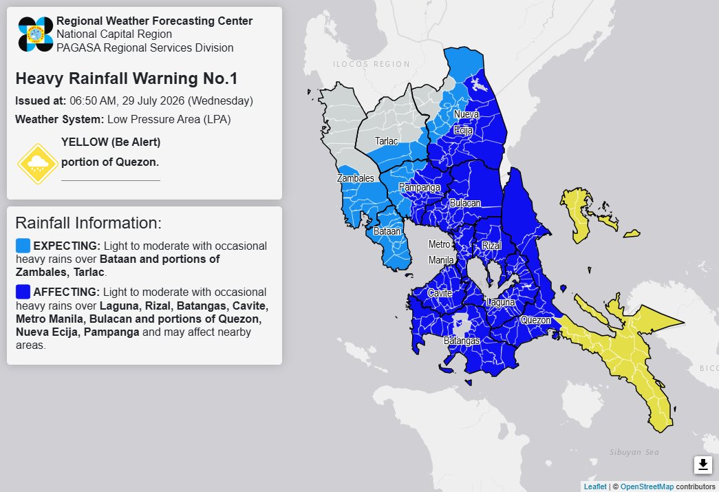 dost_pagasa's tweet photo. Heavy Rainfall Warning No. 1 #NCR_PRSD
Weather System: Low Pressure Area (LPA)
Issued at: 6:50 AM, 29 July 2026(Wednesday)

YELLOW WARNING LEVEL: Quezon(Alabat, Quezon, Perez, Calauag, Tagkawayan, Guinayangan, Gumaca, Plaridel, Lopez, Buenavista, Jomalig, Patnanungan, Burdeos, Panukulan, Polillo, Pitogo, Unisan, Macalelon, General Luna, Atimonan, Padre Burgos, Agdangan, Catanauan, Mulanay, San Narciso, San Francisco, San Andres).
ASSOCIATED HAZARD: Possible FLOODING in flood-prone areas.
Meanwhile, expect light to moderate with occasional heavy rains over Bataan, Zambales(Olongapo, Subic, San Marcelino, Castillejos, San Antonio, Cabangan, San Narciso, San Felipe) and Tarlac(Concepcion, Bamban, La Paz, Capas) within the next 3 hours.
Light to moderate with occasional heavy rains affecting Laguna, Rizal, Batangas, Cavite, Metro Manila, Bulacan, Quezon(Candelaria, Dolores, San Antonio, Sariaya, Tiaong, General Nakar, Tayabas, Infanta, Lucban, Lucena, Mauban, Pagbilao, Real, Sampaloc), Nueva Ecija(General Tinio, Gabaldon, Cabiao, San Isidro, Gapan, Penaranda, Palayan, Laur, Bongabon, Pantabangan, Santa Rosa, San Leonardo, Rizal, General Mamerto Natividad, Cabanatuan, Jaen, San Antonio) and Pampanga(Masantol, Apalit, San Simon, San Luis, Candaba, Arayat, Santa Ana, Mexico, Santo Tomas, Macabebe, Minalin, San Fernando, Guagua, Bacolor, Santa Rita, Sasmuan) which may persist within 3 hours and may affect nearby areas.

The public and the Disaster Risk Reduction and Management Offices concerned are advised to MONITOR the weather condition and watch for the next warning to be issued at 8:00 AM today.
For more information and queries, please call telephone numbers 8927-1335 and 8927-2877 or log on to https://t.co/59mTpZJq1n.