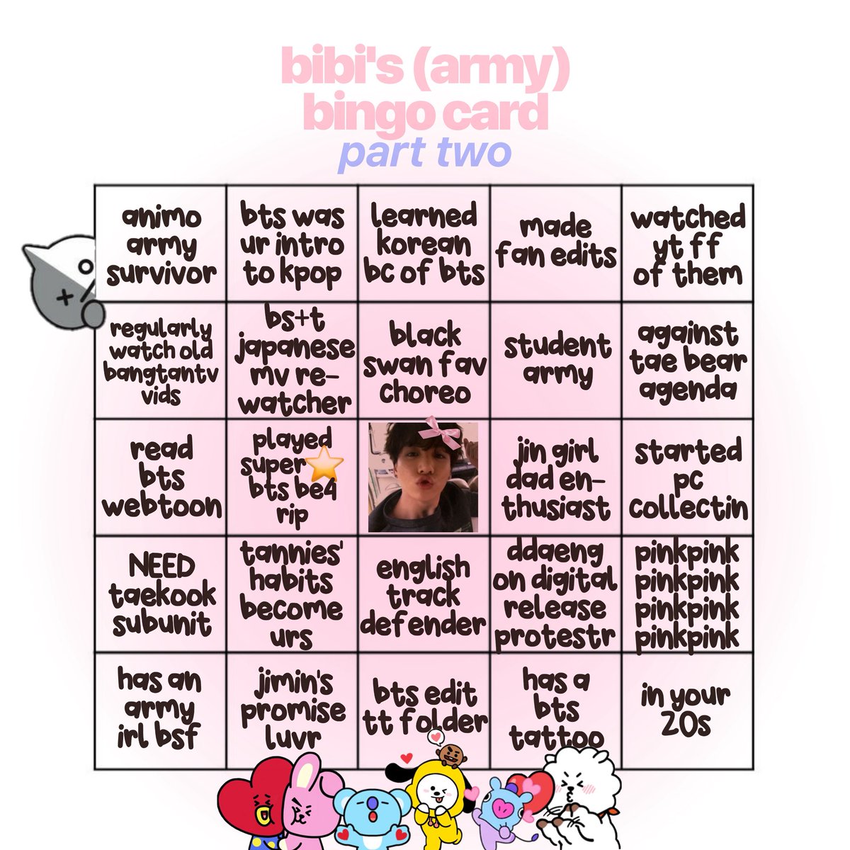lsvtfm's tweet photo. guys.... i made a part fucking 2 to my bts army bingo !!!!

#armytwt #interactionbait #stantwt #kpoptwt https://t.co/DSPkJCwSWV