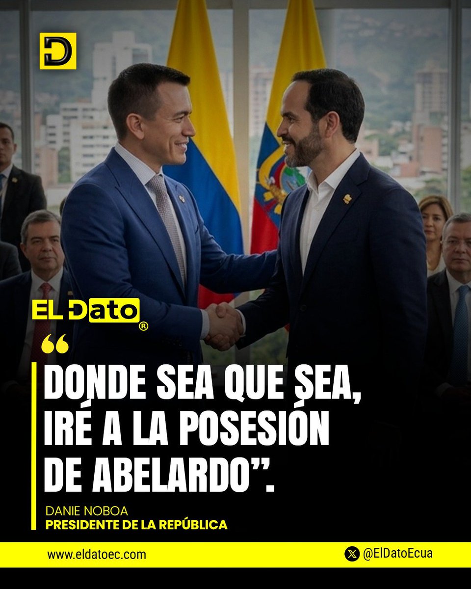 ElDatoEcua's tweet photo. #Urgente “DONDE SEA QUE SEA, IRÉ A LA POSESIÓN DE ABELARDO”

El Primer Mandatario Daniel Noboa aseguró que estará presente en la ceremonia de investidura del presidente electo de Colombia, Abelardo de la Espriella, la misma que se realizará en Cali.

El presidente electo ha insistido en que su posesión será un reconocimiento a los miembros de la Fuerza Pública y un acto cargado de simbolismo. En ese contexto, la presencia de Daniel Noboa se perfila como uno de los primeros gestos de respaldo internacional hacia la nueva administración.

#ElDato #DanielNoboa #Colombia #DeLaEspriella