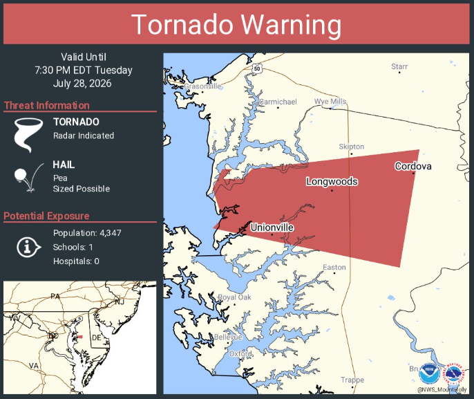 Daviddakuma's tweet photo. Tornado Warning including Cordova MD, Tunis Mills MD and  Unionville MD until 7:30 PM EDT https://t.co/6YEONNIp46