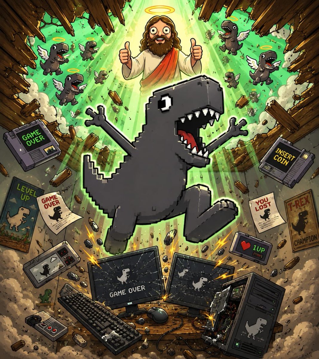 TrexOnGoogle's tweet photo. Heaven doesn't reward hesitation.
It rewards T-Rex. https://t.co/q4sLnMLrke