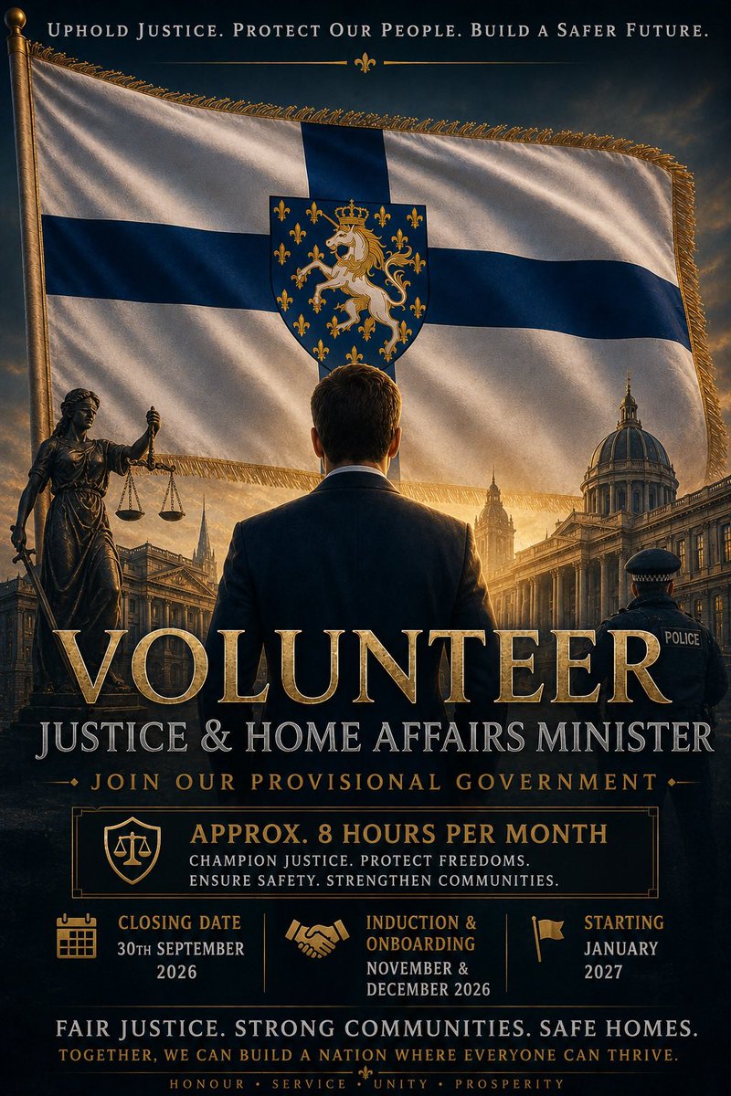 LysGov's tweet photo. THE PRINCE OF LYS NEEDS A JUSTICE & HOME MINISTER.
We are seeking a legal mind to serve as Chief Law Advisor to the Prince.
Draft our national legal framework, oversee domestic policies, and uphold justice across our micronation.
#Micronation #Lys #JusticeMinister #LawAndOrder https://t.co/ja9NThbrWU