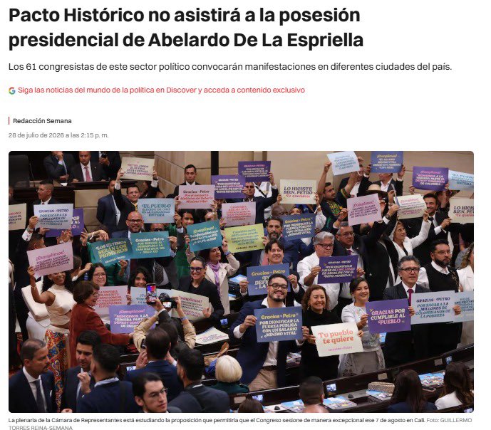 clarasandoval's tweet photo. Hace cuatro años, la oposición asistió a la posesión de Petro por respeto a la democracia. Hoy, el Pacto Histórico decide ausentarse de la de Abelardo de la Espriella. 

La democracia solo les sirve cuando ellos ganan. https://t.co/4SIhJ2ScsE