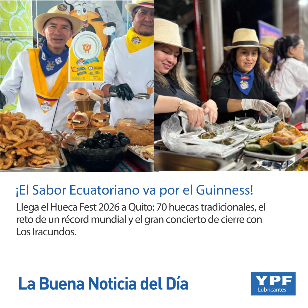 YPFEcuador's tweet photo. Del 8 al 11 de agosto llega a Quito el #HuecaFest2026. Disfruta de 70 huecas tradicionales en el Parque Bicentenario y grandes conciertos con Don Medardo, La Vagancia y Los Iracundos.  #HuecaFest #GastronomíaEcuatoriana #Quito #RecordGuinness https://t.co/yqne8FGgwT