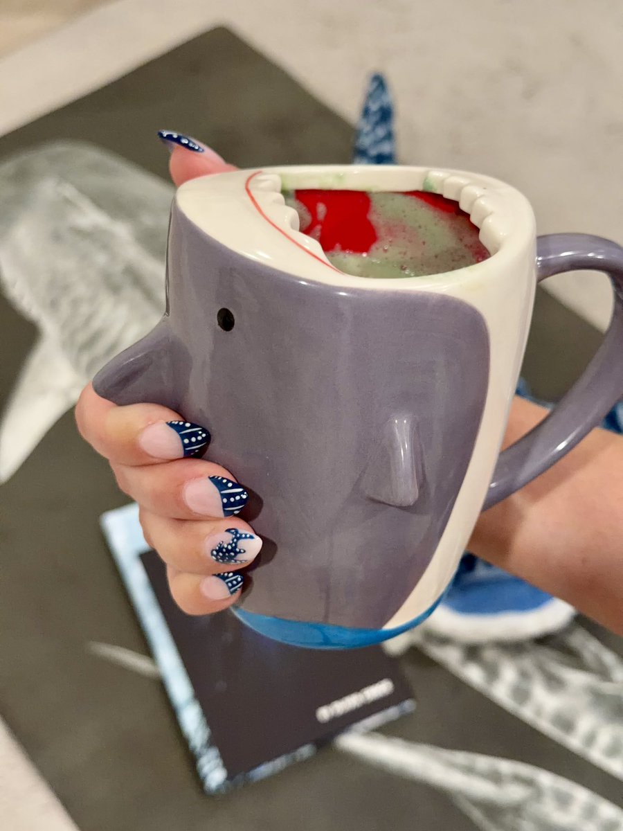 LIValittleeee's tweet photo. morning matcha situation #sharkweek edition 🦈🐋🍵 
honoring the electric nervous system of the deep from my own healing bubble 

The Lone Shark is a dedication to these apex protectors&amp;the mission of ocean conservation inspired by @OceanRamsey 

#TheLoneShark #SharkConservation https://t.co/tgBzn3LbVs