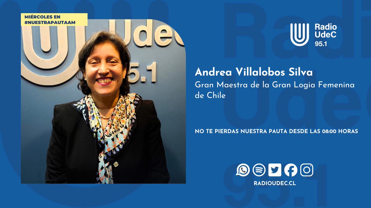 RadioUdeC's tweet photo. #Entrevista 🎙️ Este miércoles en #NuestraPautaAM:

🔹Conversaremos con la Gran Maestra de la Gran Logia Femenina de Chile, Andrea Villalobos S., sobre los desafíos actuales para la Masonería Femenina.

@GranLogFemChile

📻95.1 FM
💻https://t.co/qfuK5PwYJa https://t.co/hSVCznCGcE