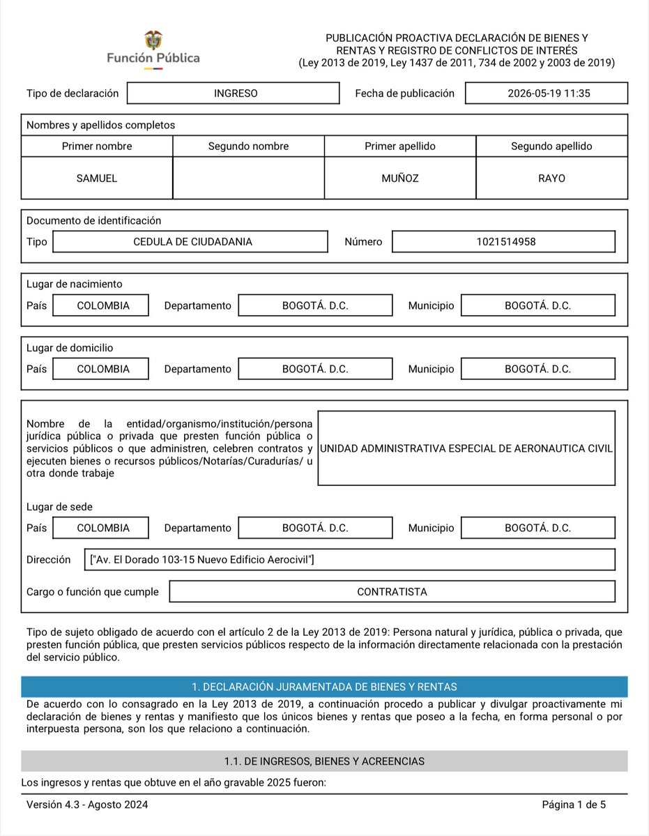 Danielbricen's tweet photo. El 26 de enero de 2026 el señor Samuel Muñoz Rayo primo de Gabriela firmó contrato de prestación de servicios en la Aeronáutica Civil.

Otra coincidencia.

De forma “extraña” el señor Samuel NO reportó a ninguno de sus 2 primos en su declaración de conflictos de interés. https://t.co/yL87GEQJN6