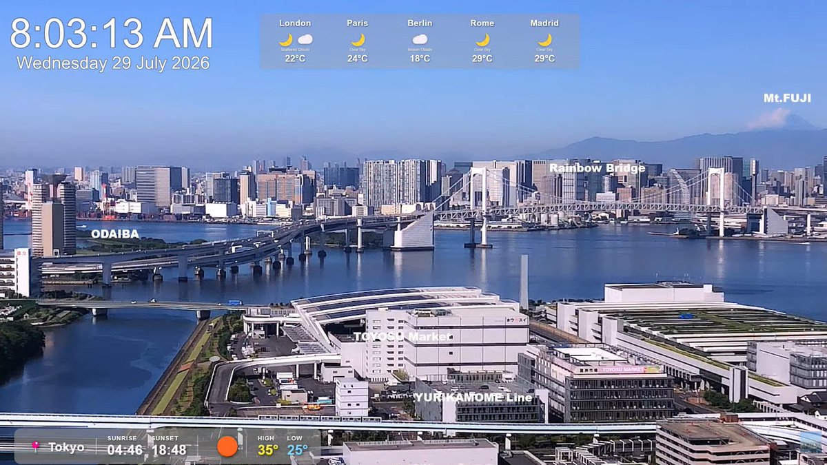 WanganY's tweet photo. 今朝は珍しく、夏なのに富士山が良く見えています。ライブ配信でお楽しみください。
https://t.co/8XvwaQvCSU @YouTubeより 

#Youtube #ライブカメラ #豊洲 #湾岸 #お台場 #有明 #レインボーブリッジ #富士山 #ゆりかもめ #livecam #JAPAN #TOKYO #イマソラ https://t.co/OrKWYfkIDk
