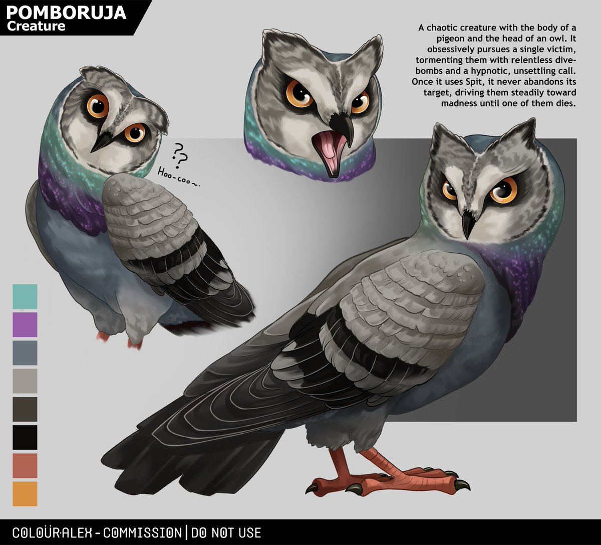 ColourAlex's tweet photo. A character sheet commission I had an absolute blast working on! Meet the Pomboruja! 🤣 

The Pomboruja is a chaotic creature with the body of a pigeon and the head of an owl 👀

#Commission #RPG #Art https://t.co/2lCKVyKC7q