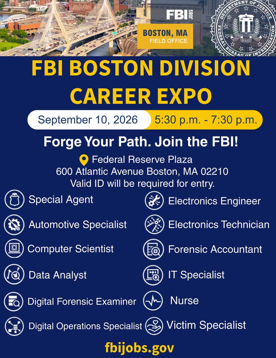 FBIBoston's tweet photo. 🇺🇸 Are you interested in transforming your skills into a #career with purpose at one of the world's premiere law enforcement organizations? 

#FBI Boston is #hiring & hosting a Career Expo where you can learn how to become a part of creating a safer, more secure future. We're looking for professionals from many different backgrounds - who want to combat violent crime, defend the homeland, & gain unmatched training & leadership development opportunities. 

Review our eligibility guidelines & register now to forge your path today: https://t.co/OTHyKzsYMM