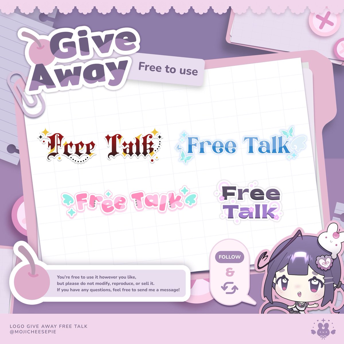 _ch3esepie's tweet photo. 🍥Giveaways Logo Free talk!! [Free to use]

ขอเพียง Retweet &amp; Follow สนันสนุนผู้หญิงคนนี้ด้วยนะคะ!💪🏻👀
ใครใช้แล้วแท็กมาอวดๆกันได้น้า🤍

✦ เอาไปใช้ได้อิสระแต่ห้ามนำไป ดัดแปลง ผลิต หรือ จำหน่ายค่ะ
สงสัยเพิ่มเติมทักสอบถามกันได้นะ!

𝙇𝙞𝙣𝙠 𝙞𝙣 𝙧𝙚𝙥𝙡𝙮👇🏻

#vtuberth #vtuber https://t.co/HNOnYugqc6