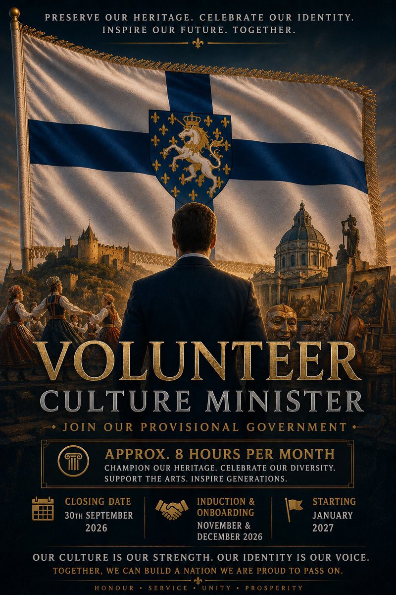 LysGov's tweet photo. THE PRINCE OF LYS NEEDS A CULTURE MINISTER
We are seeking a creative visionary to serve as Chief Cultural Advisor to the Prince
Define our national identity, design heritage initiatives and unite our community
#PrincipalityOfLys #Micronation #Lys #CultureMinister #ArtsAndCulture https://t.co/PTX88lPnCk