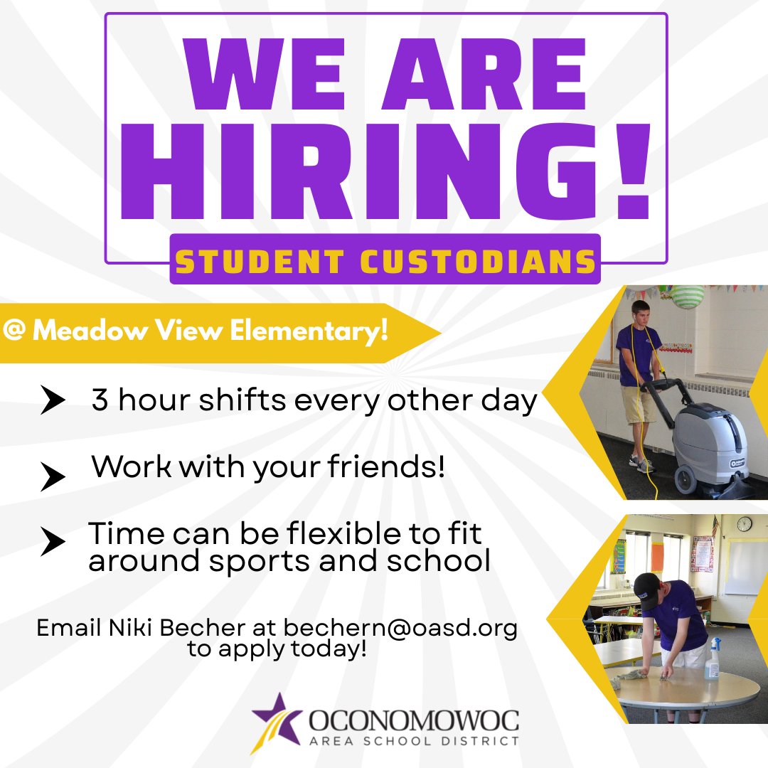 oconschools's tweet photo. 👋Parents, looking for a great job opportunity for your student? We’re hiring Student Custodians — a flexible role perfect for teens balancing school, activities and sports! Email your interest to Niki Becher, at bechern@oasd.org to apply today! #OconPride #OconDriven #Oconomowoc https://t.co/fIGq5zWwVn