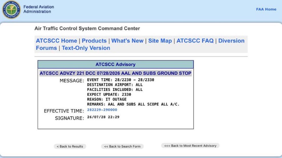 AZ_Intel_'s tweet photo. BREAKING: American Airlines flights grounded nationwide due to IT outage, FAA says. https://t.co/SNJfwAj66B