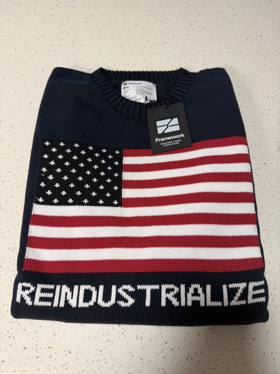 frontierism's tweet photo. The Reindustrialize sweater has landed and it’s beautiful @DenverRayburn https://t.co/vMnCamPg46