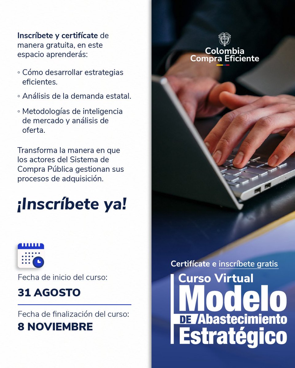 colombiacompra's tweet photo. Fortalece tus conocimientos con el Curso Virtual Modelo de Abastecimiento Estratégico y aprende a desarrollar estrategias eficientes, analizar la demanda estatal y aplicar metodologías de inteligencia y análisis de mercado.

💻 Inscríbete aquí👉https://t.co/T5Bwl3ACHc https://t.co/6rpO12knTc