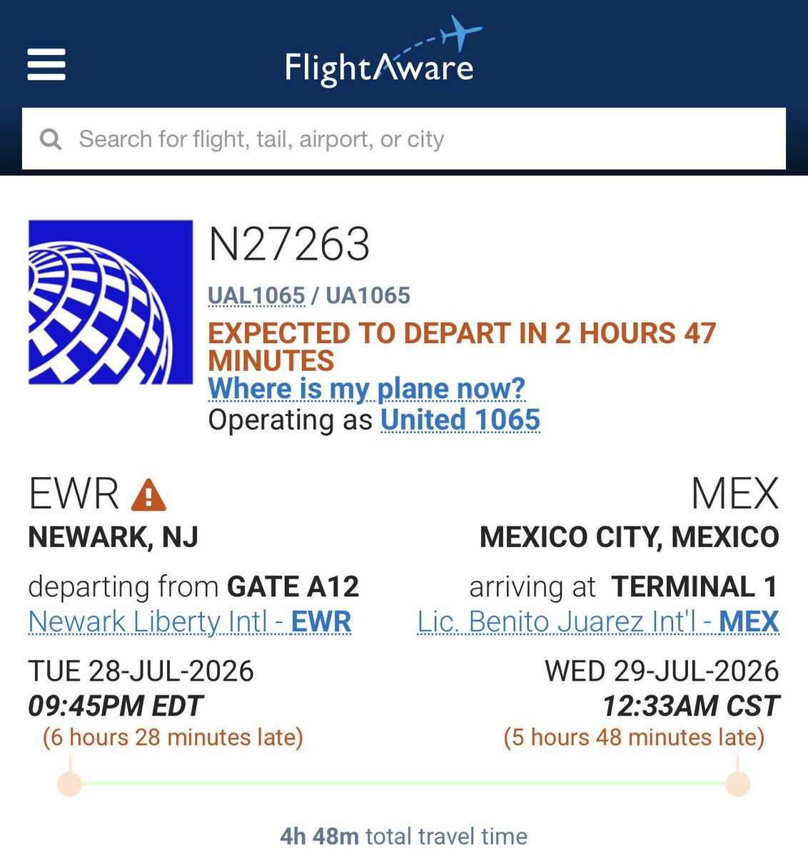 LSCapital90's tweet photo. How is this acceptable, @united? UA263 (Newark → Mexico City) is now delayed by 11+ hours bc it’s waiting on the same aircraft that’s arriving late from another flight. At what point do you stop cascading delays and assign replacement aircraft? Plenty of other flights departed https://t.co/8ZDc9SgfMy
