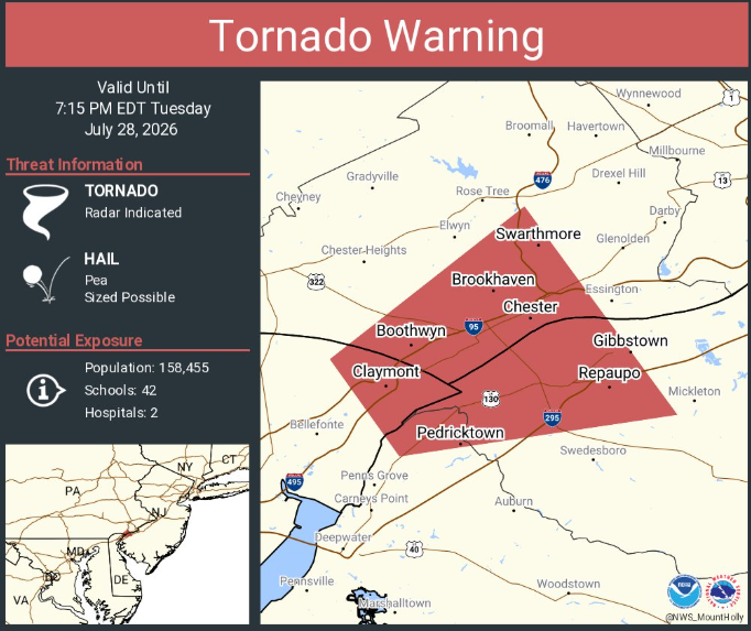 Daviddakuma's tweet photo. Tornado Warning continues for Chester PA, Claymont DE and  Brookhaven PA until 7:15 PM EDT https://t.co/F69GzqT1Gx