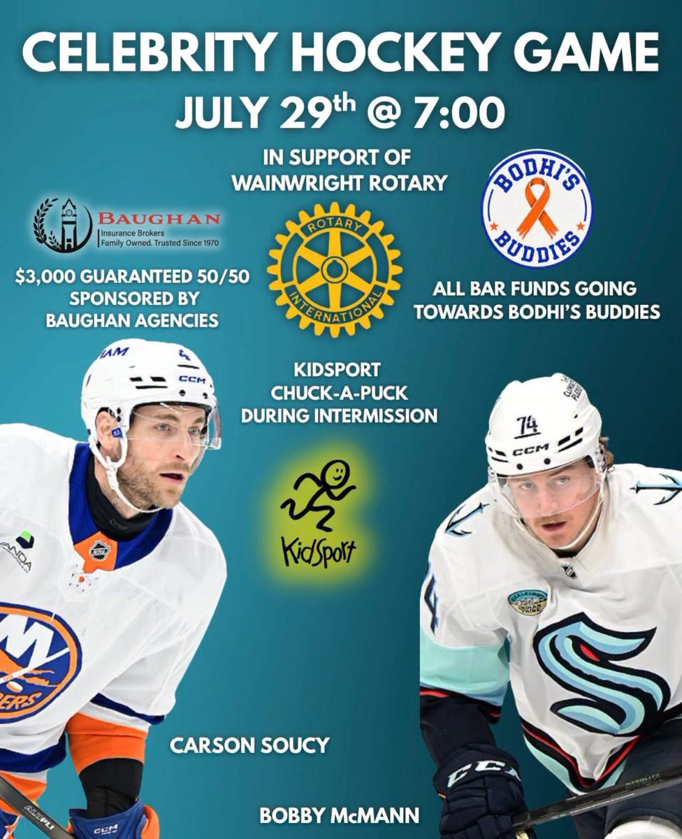 WWRustlers's tweet photo. 🏒 Hockey Night in Wainwright! 🏒

 Rustlers are excited to be part of the Wainwright Rotary Celebrity Hockey Game on Wednesday, July 29!

🍻 We’ll be operating the bar, so be sure to stop by, grab a drink, and support a great community event. Proceeds to Bodhi’s Buddies! https://t.co/JmscaOwelN