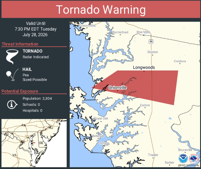 Daviddakuma's tweet photo. Tornado Warning continues for Tunis Mills MD, Unionville MD and  Longwoods MD until 7:30 PM EDT https://t.co/zJvtPKag1P
