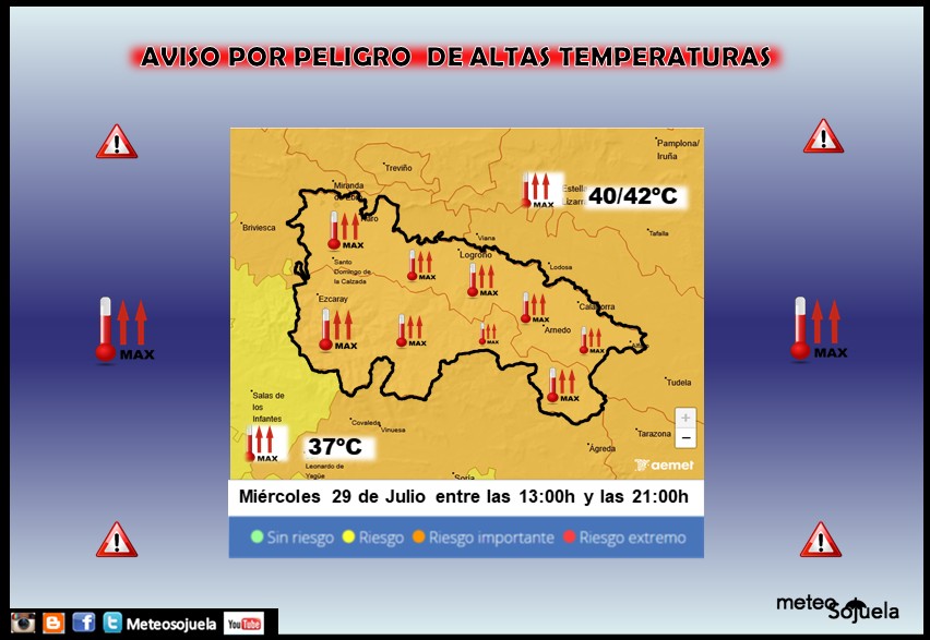 meteosojuela's tweet photo. El #tiempo #hoy en #LaRioja
📆29/07/2026
😇Santa MARTA😇
☀️Hoy será el día 🔥MÁS CALUROSO 🔥de toda la #olacalor
☁️Bancos de NIEBLAS matinales
👉Cielos 🌤️POCO NUBOSOS o DESPEJADOS☀️con
 alguna🌤️ nube BAJA a 1ªs horas en el Valle🌤️MEDIAS/ALTAS dispersa a lo largo del día, y de 🌤️EVOLUCIÓN por la tarde en la Ibérica 
🌬️Vientos de SW en montaña y de SE en el valle
🌡Tªs  en ASCENSO⬆️
⚠️AVISO🟠 por 🌡NARANJA por️⬆️⬆️ALTAS TEMPERATURAS ⚠️
📘+INFO https://t.co/2amMglex1A
📘+INFO https://t.co/yPIzKZ0H6T