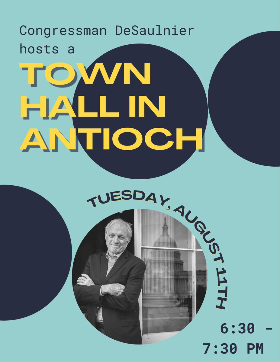 RepDeSaulnier's tweet photo. I’m hosting another town hall – this time in Antioch – in just a few weeks! Join us on Tuesday, August 11th from 6:30 -7:30 p.m. for the latest on my work to lower healthcare costs, end Trump’s reckless war in Iran, and more. As always, I will also take your questions live. https://t.co/ZdWh5krD8w