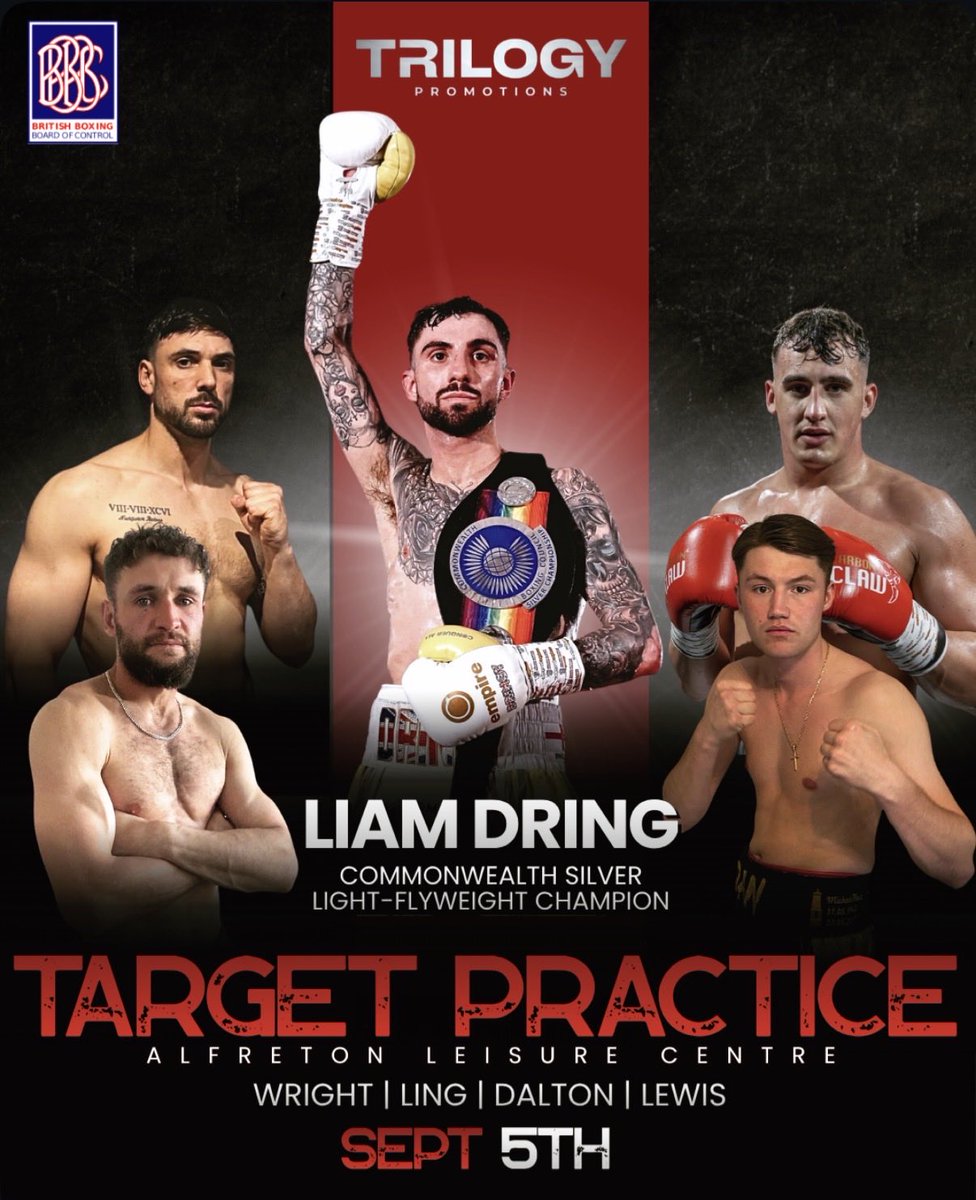 trilogyboxing's tweet photo. 𝐓𝐀𝐑𝐆𝐄𝐓 𝐏𝐑𝐀𝐂𝐓𝐈𝐂𝐄 🎯
Liam Dring headlines on September 5th, at Alfreton Leisure Centre.🥊 A supporting undercard featuring James Ling, Joe Wright, Bryn Dalton and Dan Lewis. 💥
#TargetPractice https://t.co/31EM3YpD4r