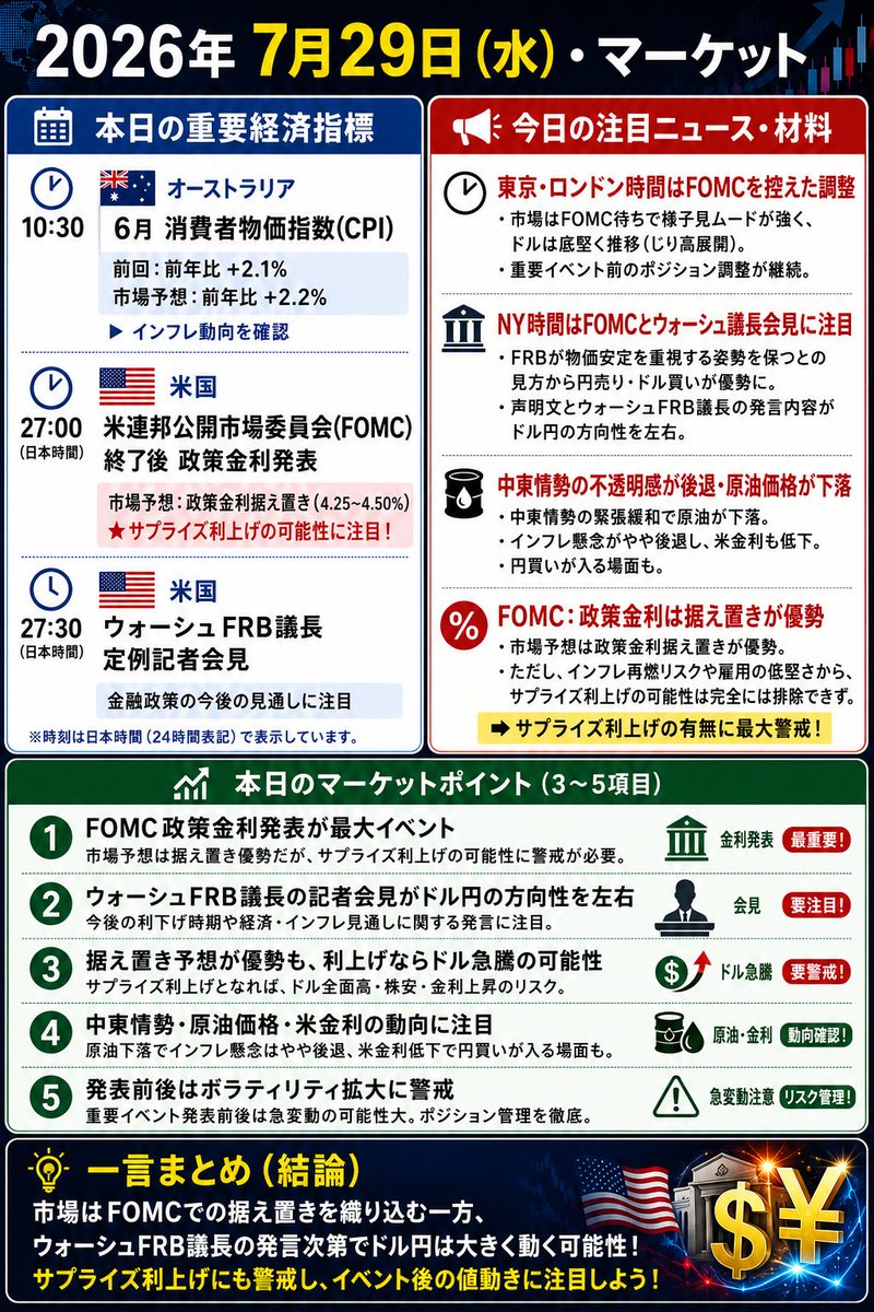 fuuta_fx_trader's tweet photo. 本日の注目マーケット｜7月29日（水）
本日はこの指標に注目※画像に記載
テクニカル分析についてはこちら
https://t.co/3dz3IqhUhL

#ドル円
#日経平均
#米指標
#本日のマーケット https://t.co/meBlDm3CFU