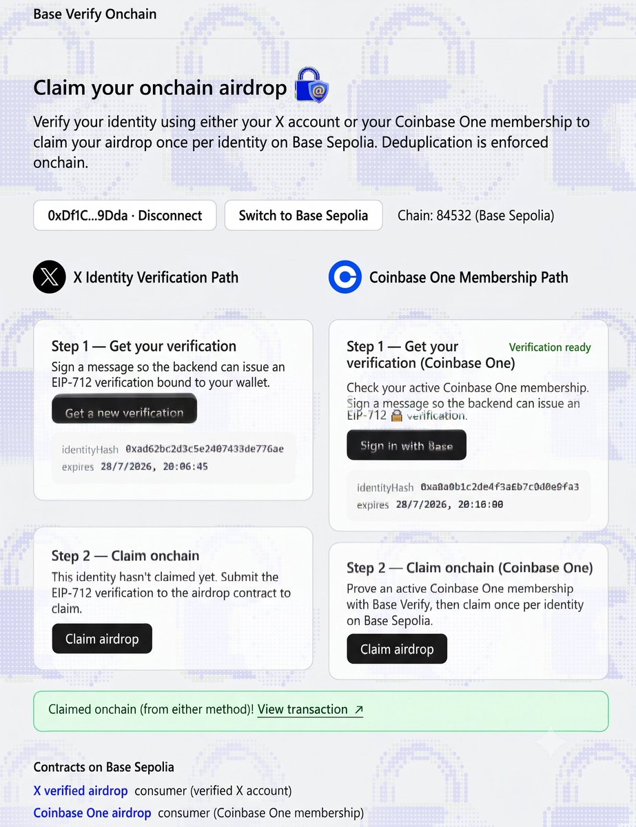 danigorlo's tweet photo. Base Verify Onchain demo is LIVE — go test it right now 🪂  

Industrial farmers just got a massive L.  

One real person = one identity hash = one claim.   

Fully enforced onchain. No KYC. No personal data.

Demo is already up on Base Sepolia:   

https://t.co/khif0SROGo  

How to try: 

1. Connect wallet 
2. Verify with Coinbase One or X (main account) 
3. Claim the test airdrop 
4. Switch wallets → same person gets rejected  

This is the real sybil resistance Base has been building toward.  
Fairer rewards for actual users.   
Harder times for the 1,000-wallet bots.  
Most people are still sleeping on this.    

Have you tested your eligibility yet? Drop your result below 👇  

#Base #BaseVerify #SybilResistance