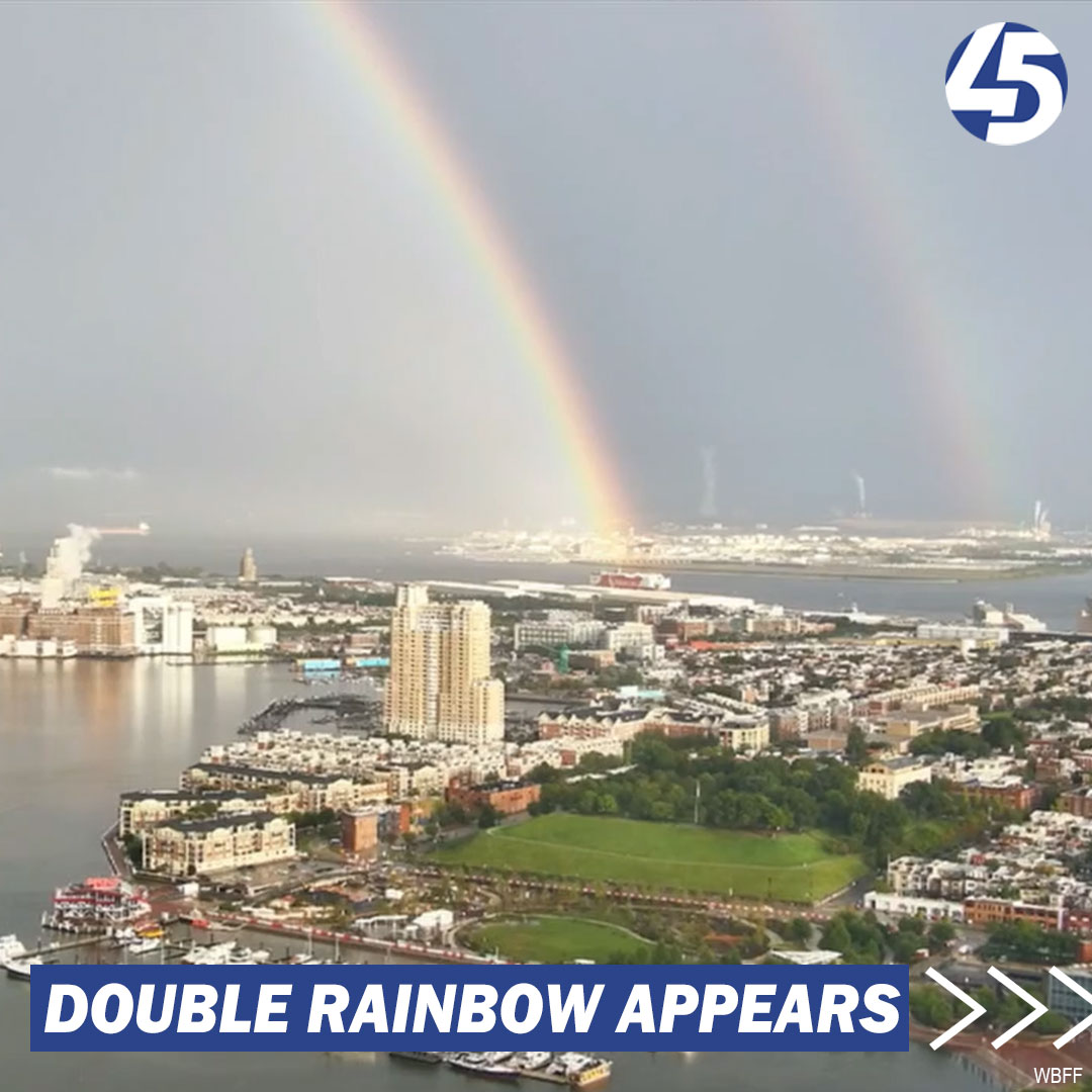 FOXBaltimore's tweet photo. SPOTTED: Double rainbow from our Inner Harbor camera after storms swept through 🌈☔ 

Weather Alert: https://t.co/Egxej3QJOv https://t.co/bLs5Cuggpz