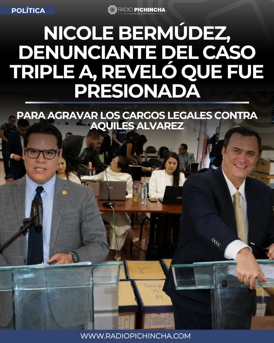 radio_pichincha's tweet photo. 🏛️ #Política || La exfuncionaria Nicole Bermúdez, denunciante original del caso Triple A, reveló presuntas presiones de José Manuel de Oliveira y José Julio Neira para forzar la inclusión del delito de delincuencia organizada en la  acusación contra el alcalde Aquiles Alvarez.
Los detalles ⬇️
https://t.co/s2Mf5I6He5