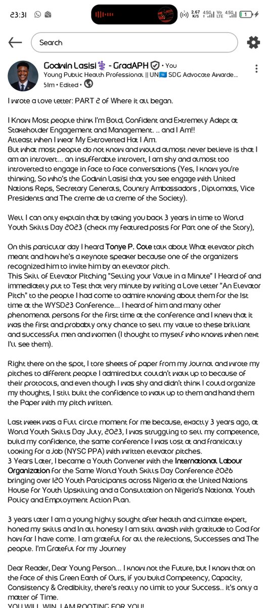 lasisi_x's tweet photo. My Story: 

Dear Reader, Dear Young Person... I know not the Future, but I know that on the face of this Green Earth of Ours, if you build Competency, Capacity, Consistency &amp; Credibility, there's really no limit to your Success.. it's only a matter of Time.
YOU WILL WIN. https://t.co/aBvxfqVRhJ