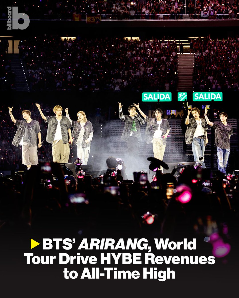 billboard's tweet photo. HYBE Music Group reported that BTS' 'ARIRANG' album sales and world tour helped drive record-high revenues.

More details: https://t.co/UWI95fIKoP https://t.co/6vRxbDVrEF