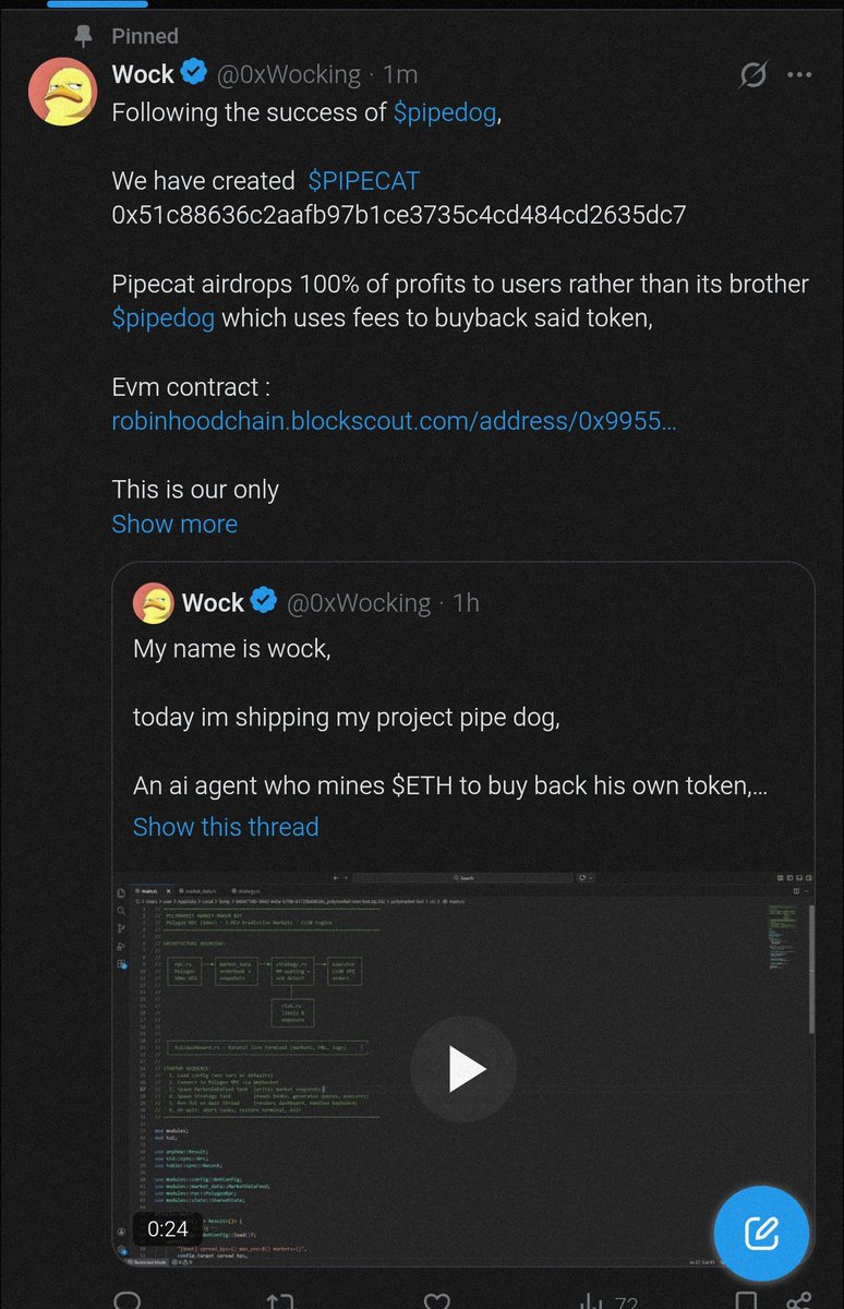 TripleS97's tweet photo. @CryptoExpert101 @0xWocking @floki_web3 Please don't buy this token. Every time it pumps, the developer sells, then creates a new token again $PIPECAT 0x7dde34bdae476179578a1672748a6cc8a06b5e4b

The second  $PIPECAT
0x51c88636c2aafb97b1ce3735c4cd484cd2635dc7

this is a big scam
@0xWocking https://t.co/saDwjbj9c6
