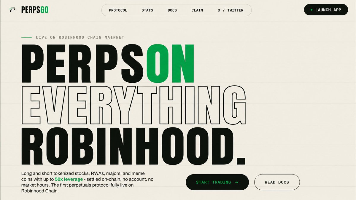 PerpsGo's tweet photo. Perps on everything.

One protocol.
Unlimited markets.
Built for the Robinhood Chain. https://t.co/7GR4eusQ0X