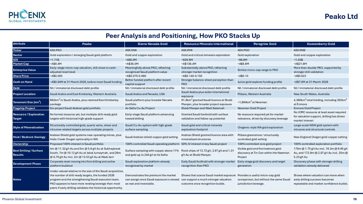 _phoenixglobal's tweet photo. Peako Limited (ASX: $PKO) is reshaping its future with a transformational Saudi Arabian gold portfolio, positioning the company for multiple near-term exploration catalysts.

Our latest research explores:
* Why PKO's 862km² Saudi gold portfolio could redefine the company's growth story
* How multiple drill-ready targets with historical high-grade results support near-term discovery potential
* Why Saudi Arabia's emerging mining sector offers a compelling backdrop for exploration success

📄Read the full report: https://t.co/f30hh2l18Y