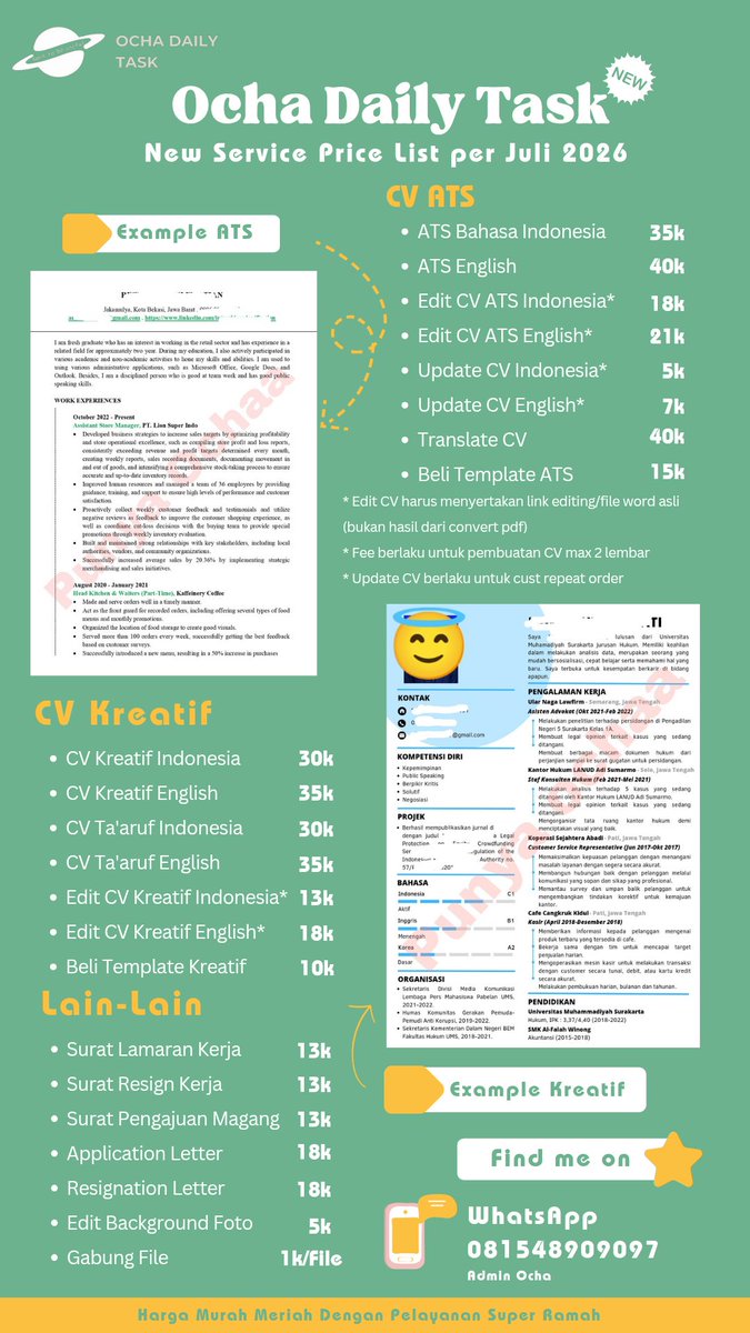 Oo_ajagitu's tweet photo. Jasa buat CV/joki CV di aku sudah open kembali yawww!!!
Free revisi, bisa konsul, hasil memuaskan, fast respon ✨
Ketuk DM yukk or https://t.co/3eoNOegazv
#zonauang #zonaaba #zonajajanᅠᅠᅠ #jasacv #editcv #jokitugasmurah https://t.co/39Sgu7KHHY