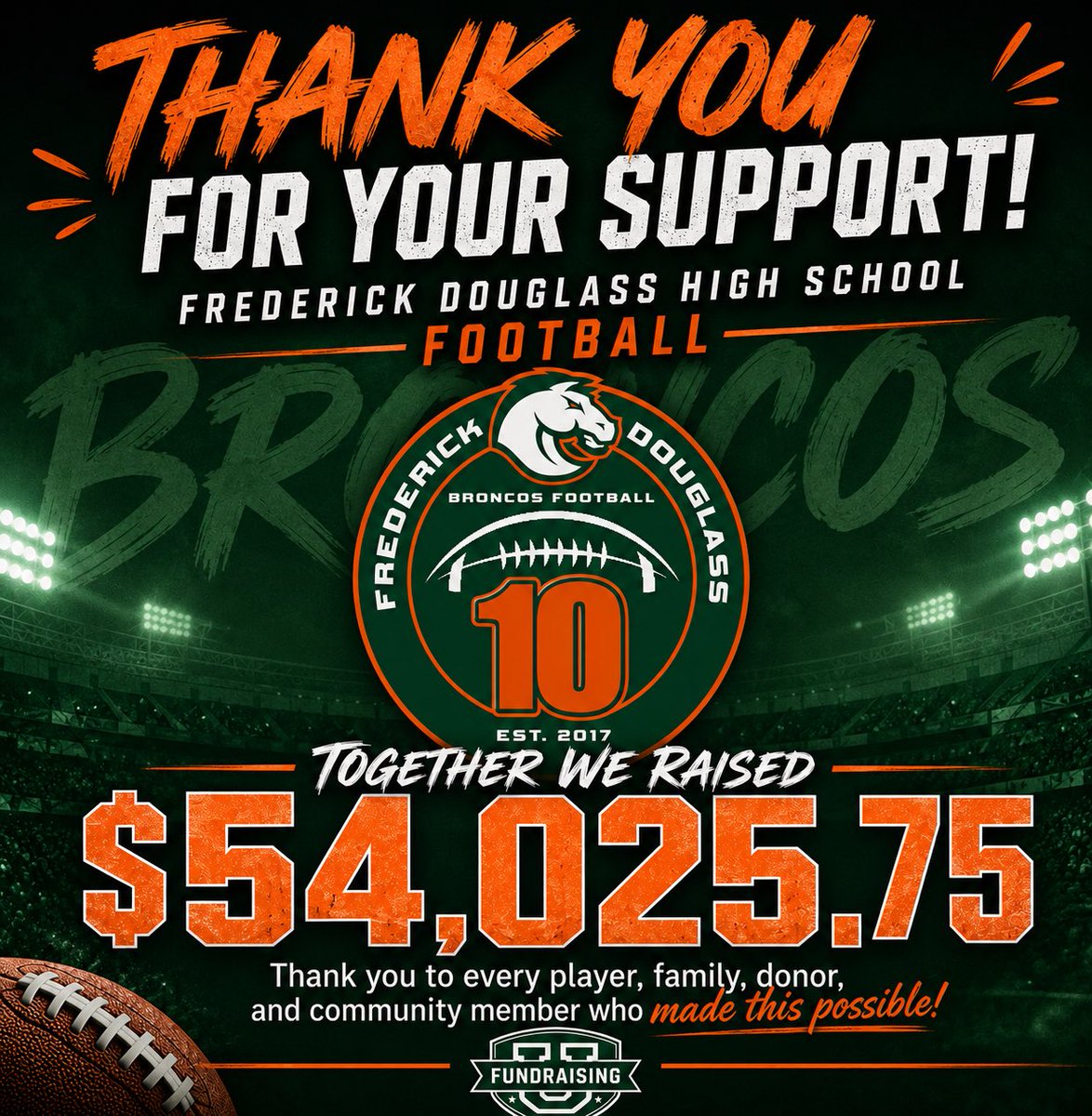 FDouglassFB's tweet photo. Thank you to our players, families, boosters, and donors for making this fundraiser a great success. Most people don't truly realize the true costs of running a 🏈 program of this size. Looking forward to year 10 of our program in 2026. #itsaboutUs https://t.co/a6sxxSnyQJ