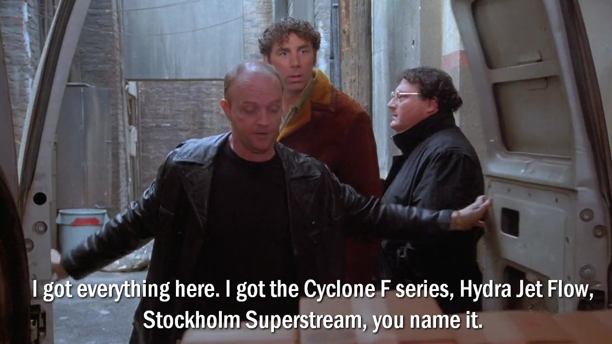 Seinfeldism1's tweet photo. I got everything here. I got the Cyclone F series, Hydra Jet Flow, Stockholm Superstream, you name it. / S07E16 The Shower Head https://t.co/TKV7IIO9Kx