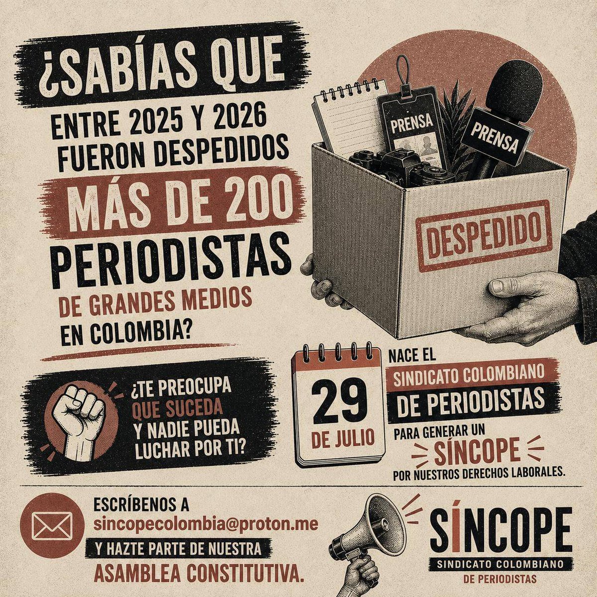 JulieDuque1's tweet photo. 📣 📣
ATENCIÓN:
Si eres periodista y tienes temor de perder tu trabajo, esta información te interesa:
El Código Sustantivo del Trabajo otorga fuero sindical temporal a los miembros fundadores de un Sindicato.
Mañana 11 am nace SÍNCOPE. Escríbenos a sincopecolombia@proton.me https://t.co/qLiuxvln7G
