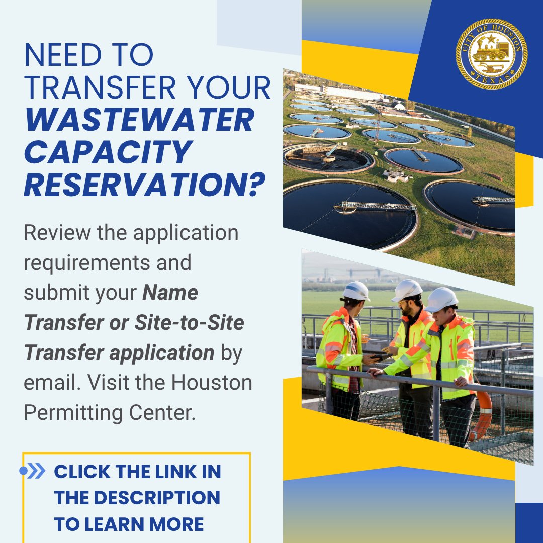 COHPermits's tweet photo. Need to transfer a Wastewater Capacity Reservation to a new owner or site? Contact the Impact Fee Administration team at 832.394.8888. Visit the @COHPermits website for the complete list of requirements: https://t.co/sr7ctwvlde 
#HoustonPermittingCenter #ImpactFee https://t.co/i0CNMaQAT5