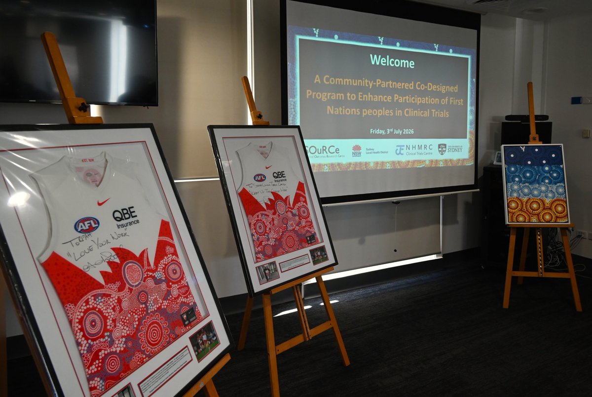 TrialsCentre's tweet photo. Earlier this month, we marked the completion of Phase 1 of the Enhancing Participation of First Nations Peoples in Cancer Clinical Trials project. 

Led by Professor Daniel Steffens within the Surgical & Complex Intervention Trials portfolio, the project aims to identify barriers and enablers to participation in cancer clinical trials and develop a culturally appropriate, community-led co-design intervention to enhance participation of First Nations peoples.

A special moment was the presentation of two Sydney Swans Indigenous guernseys signed by Adam Goodes, which will be displayed at RPA and CTC as a symbol of our commitment to equitable cancer care 🤝

📰 Read more in the @smh:  https://t.co/khTKuHd4Zv

#ClinicalTrials #CancerClinicalTrials #FirstNationsHealth #AboriginalHealth #HealthEquity #CoDesign | @SydneyLHD | @Sydney_Uni | @cancerNSW | @SydCancerPtnrs | Rural, Regional and Remote Clinical Trial Enabling Program | @HealthwiseOrgAu