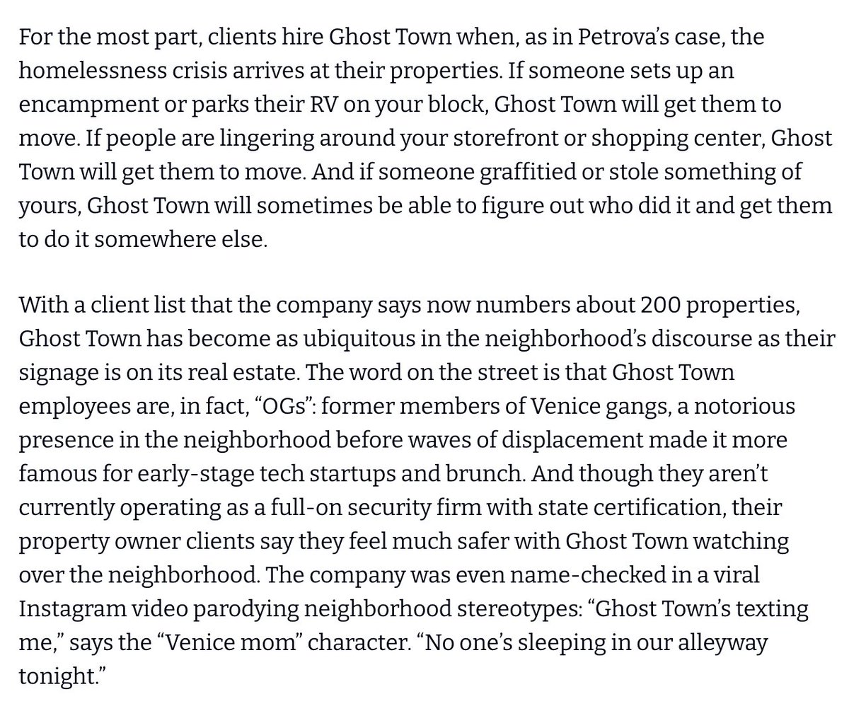 moseskagan's tweet photo. Had been wondering when vigilantism was going to make a comeback in LA

Should have guessed some enterprising former gangsters would step in to fill the void left by city government

(Am a new subscriber to L.A. Material, which is great.) https://t.co/1GMeVPEFXz