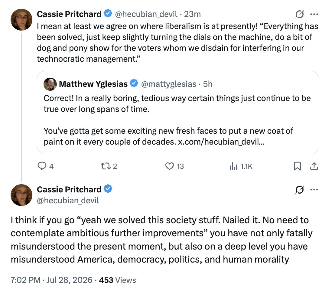 mattyglesias's tweet photo. This is a deep misunderstanding.

The liberal view isn't that nothing needs to change. 

In some key areas like housing we need dramatic policy change. But the *solutions themselves* are boring and old — free markets, progressive taxation, a welfare state. https://t.co/ocyGh96yYl