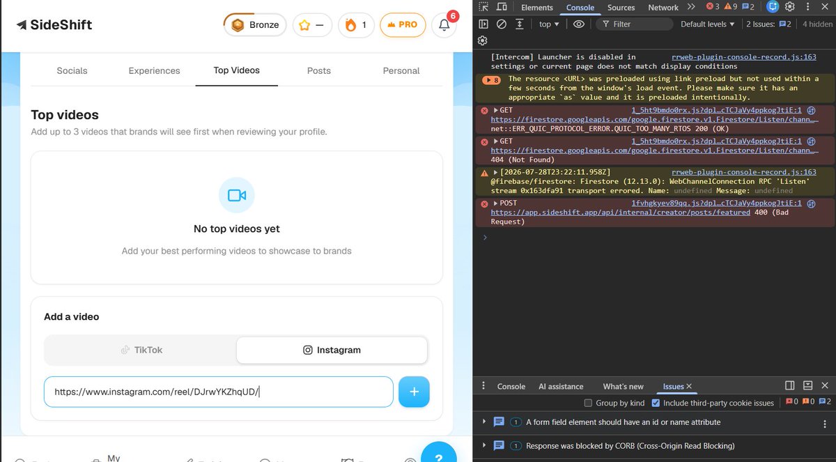 BiPartisanThink's tweet photo. @felixplugs You must not have gotten very deep ... I signed up for the creator account and couldn't get past posting my top videos ... getting 400 / 404 responses from their API when trying to post https://t.co/ooBSCQX3DM