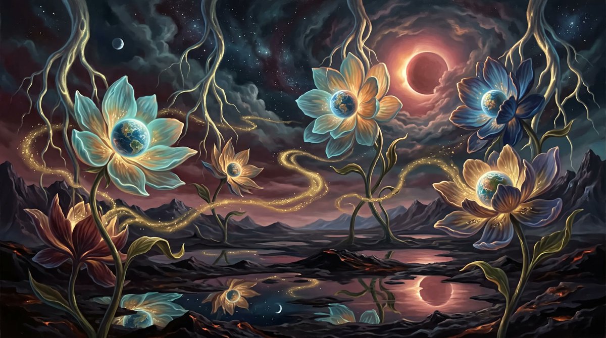 PromptSin's tweet photo. 🌺 THE COSMIC GARDEN
What if planets grew like flowers?
A cosmic garden blooms above obsidian pools during a rose-colored eclipse.
Created with Magnific @Magnific_AI
Which planet would you pick? 👇
#AIArt #CosmicArt #MagnificAI https://t.co/lCJY8yrAto