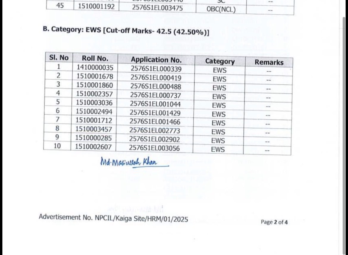 PraneethJangam_'s tweet photo. @linuschoudhury @AmbedkariteLM Npcil kaiga cut off central govt job EWS :42.5, Sc : 62 there are many instances in certain exams in rrb jobs also ews cut was less than sc merit changing with time https://t.co/NW87nkB44b
